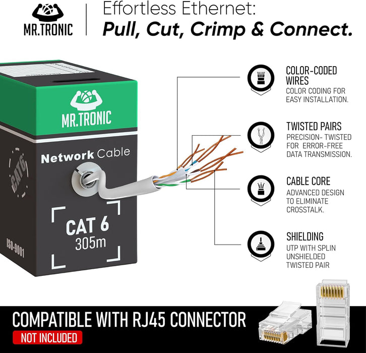 Cable Ethernet a Granel Cat 6 De 305m, para Internet Rápida & Fiable - AWG24 Cat6, 1 Gbps Internet Cable 250 MHz UTP CCA (Gris)